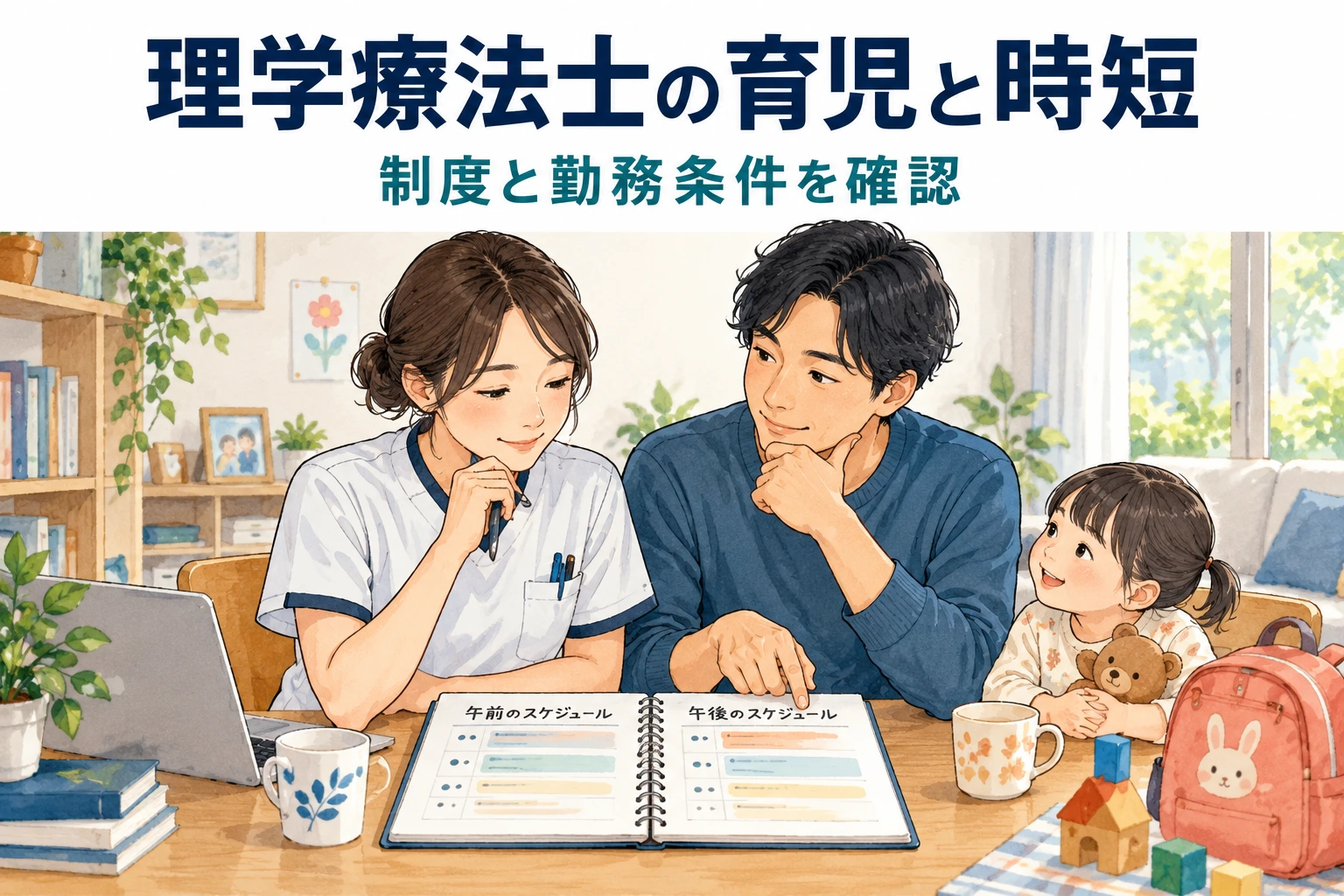 理学療法士の育児と時短勤務はどう選ぶ？制度と勤務条件を確認。担当や働き方を確認する場面のイラスト