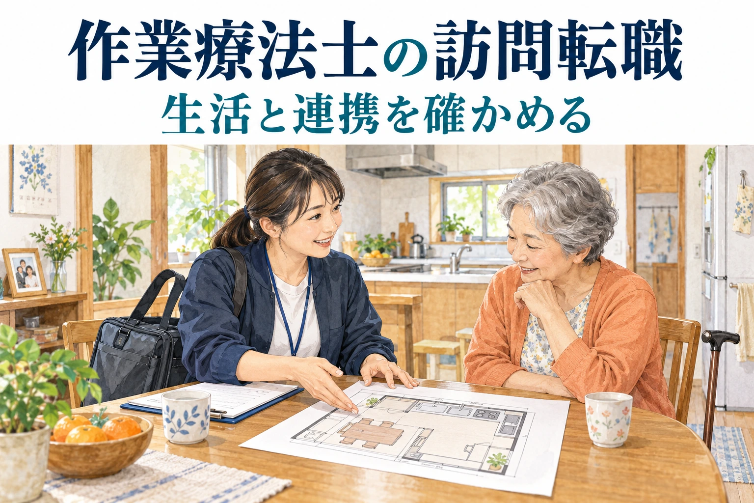 作業療法士の訪問転職はどう選ぶ？生活支援と同行条件を確認。担当や働き方を確認する場面のイラスト