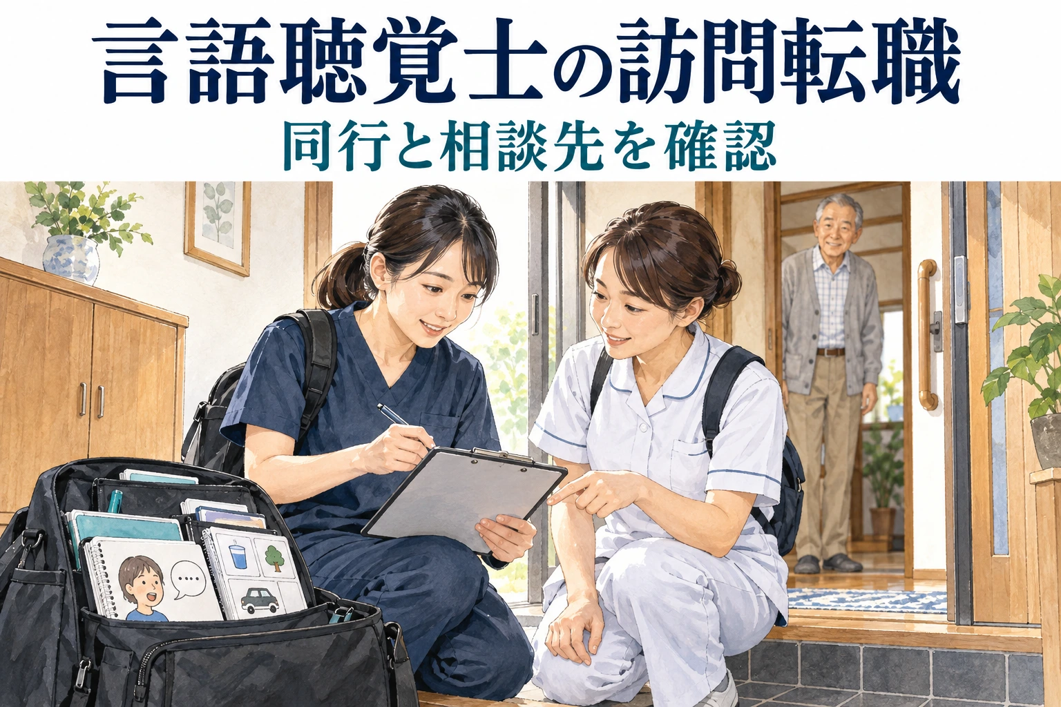 言語聴覚士の訪問転職はどう選ぶ？同行と相談の体制を確認。担当や働き方を確認する場面のイラスト