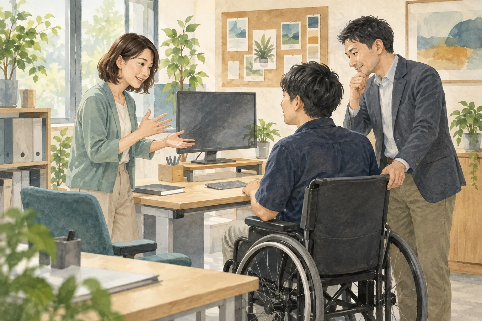作業療法士が働く本人と企業の担当者とともに職場の環境を相談する場面