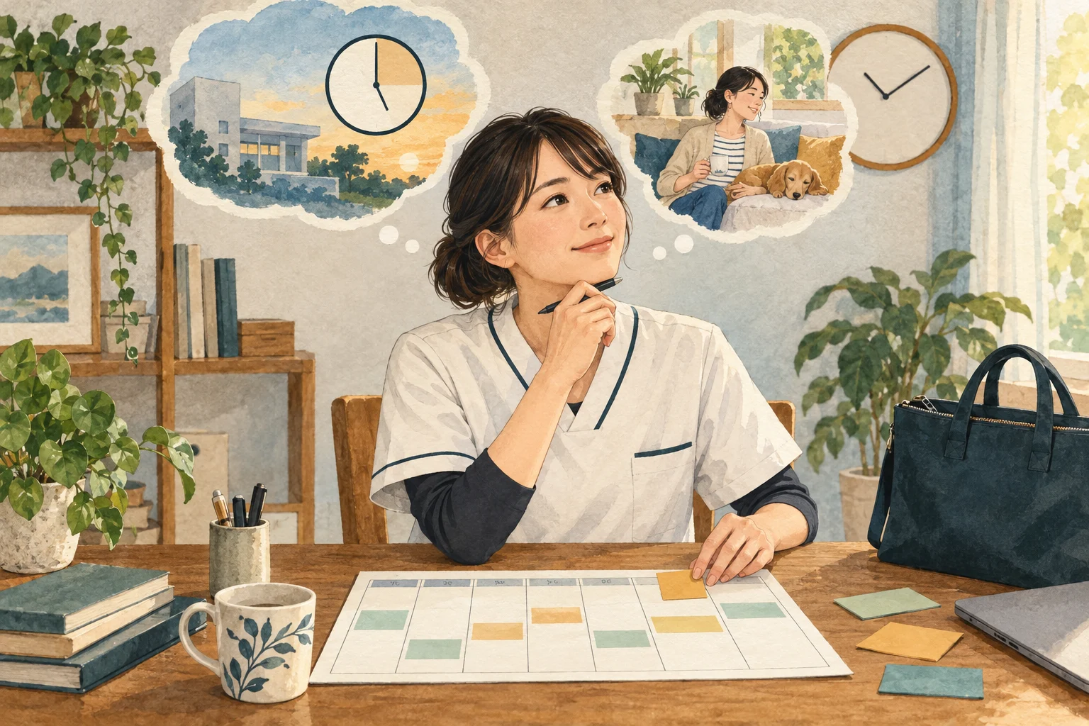 理学療法士が勤務する曜日と時間を手帳で整理する場面