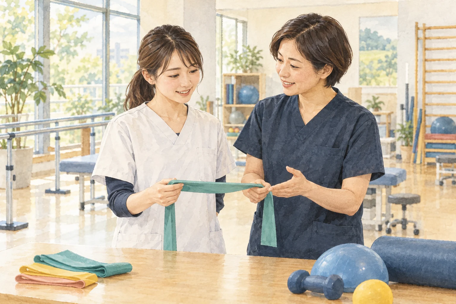 復職に向けて理学療法士が指導担当者とリハビリの用具を確認する場面