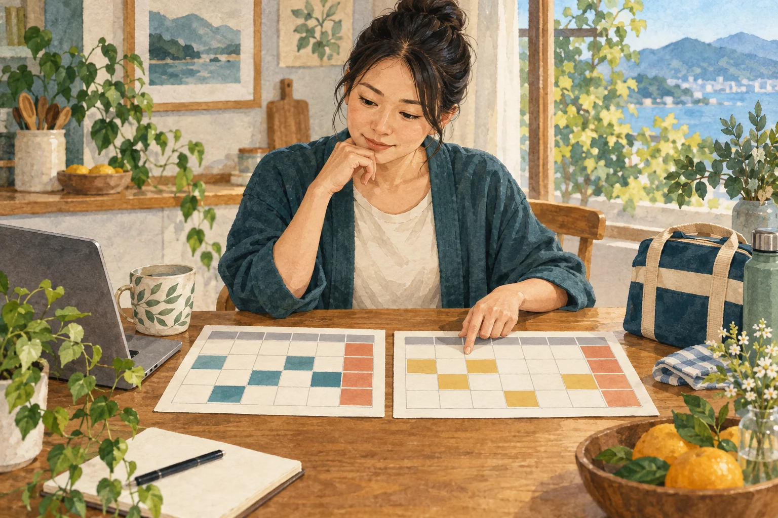 理学療法士が週末の予定と勤務カレンダーを机で見比べる場面