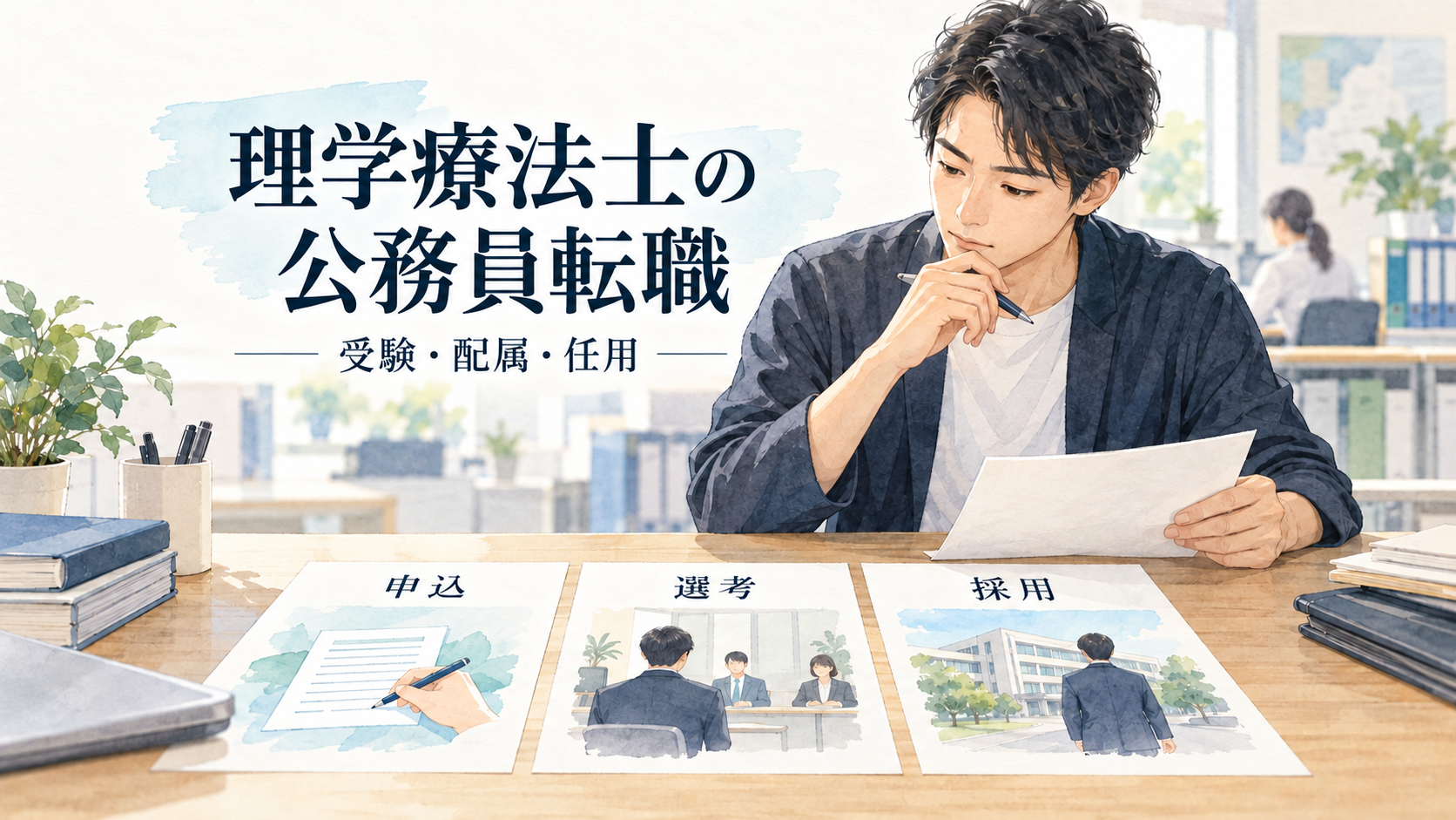 理学療法士が公務員への転職で申込・選考・採用の予定を分けて確認する場面。