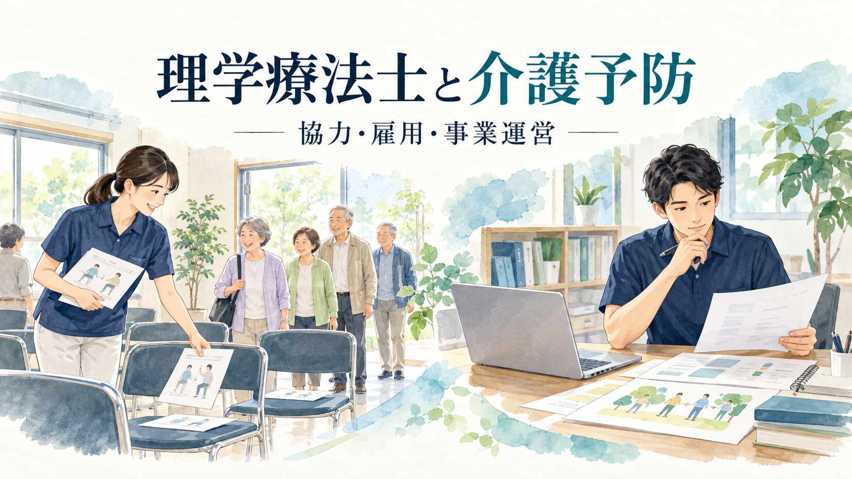 理学療法士が介護予防への転職で地域教室への協力と事業運営の仕事を比較する図。