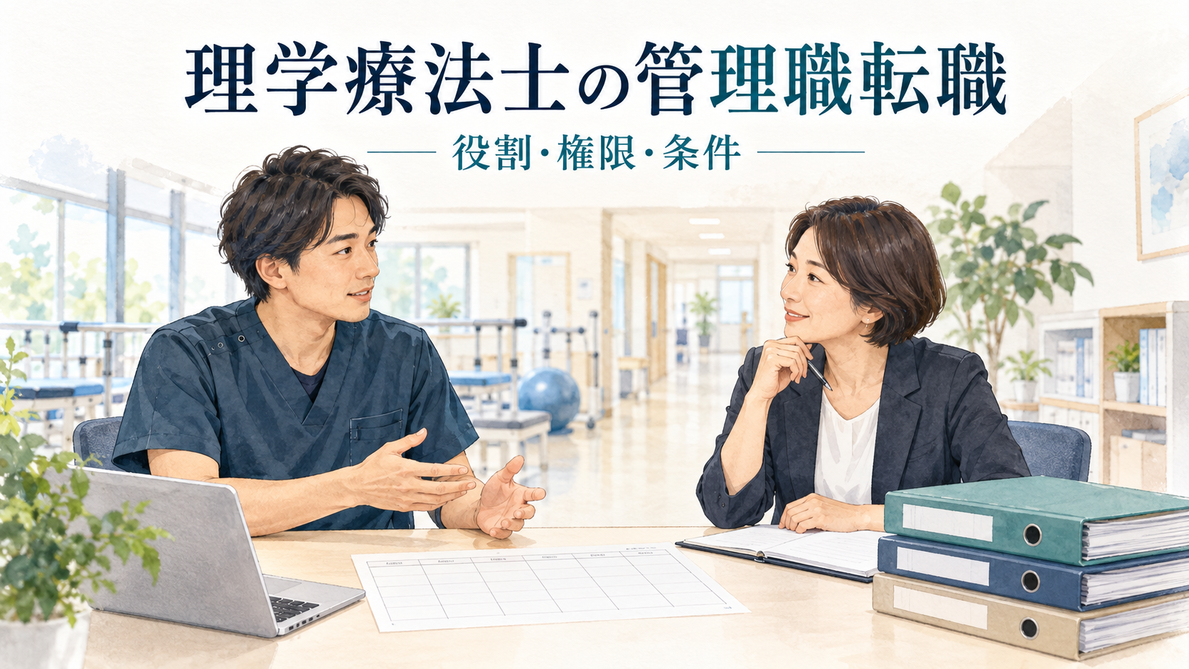 理学療法士が管理職への転職で部門運営の権限と臨床の担当を確認する場面。
