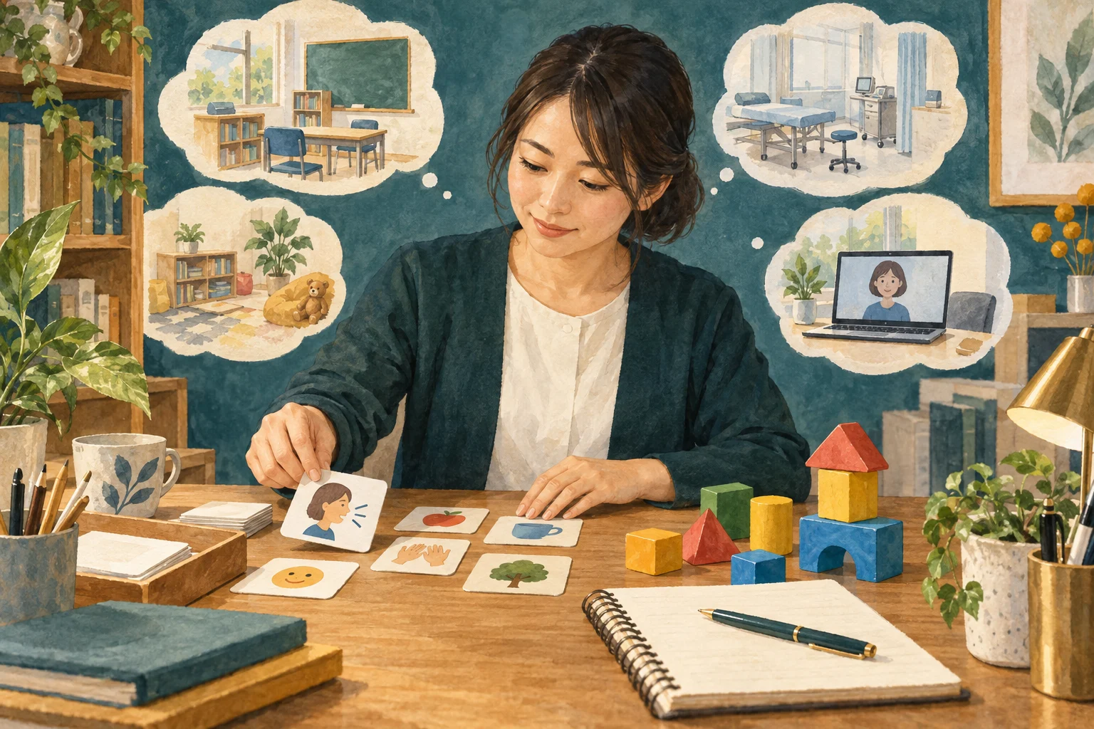 言語聴覚士が絵カードや小児向けの道具を前に働く場を考える場面